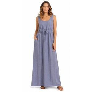 Vintage Marc Ware 100% Linen Maxi Dress Blue Sleeveless Tie Waist USA L